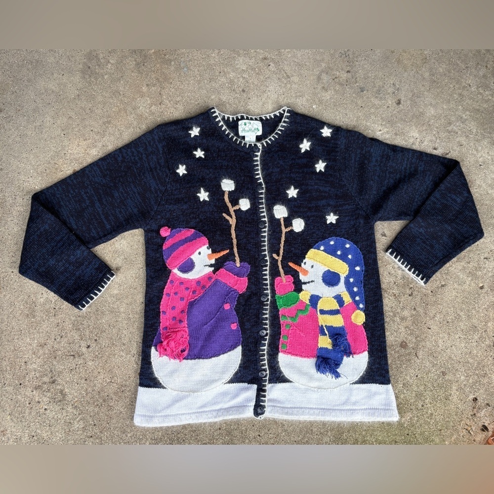 Quacker Factory Snowman cardigan Sweater cotton & angora granny holiday EUC
